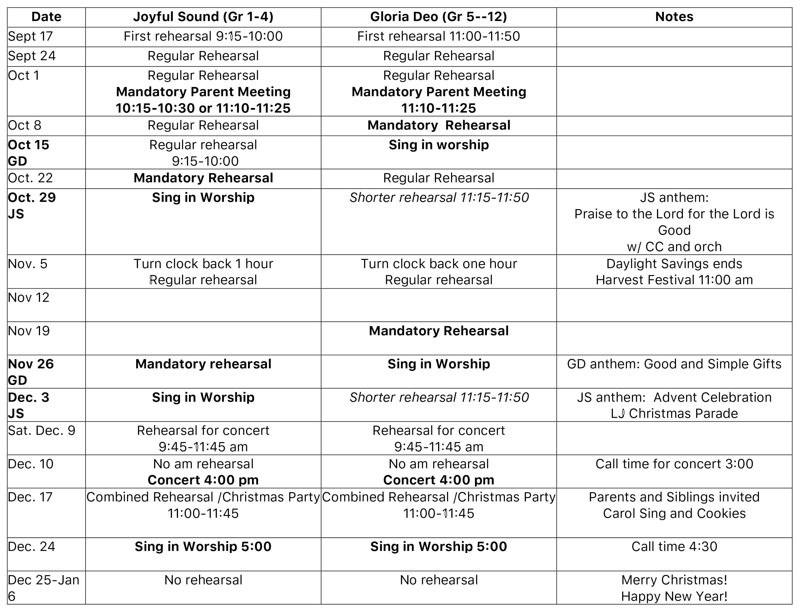 Youth and Children's Choir Schedule La Jolla
