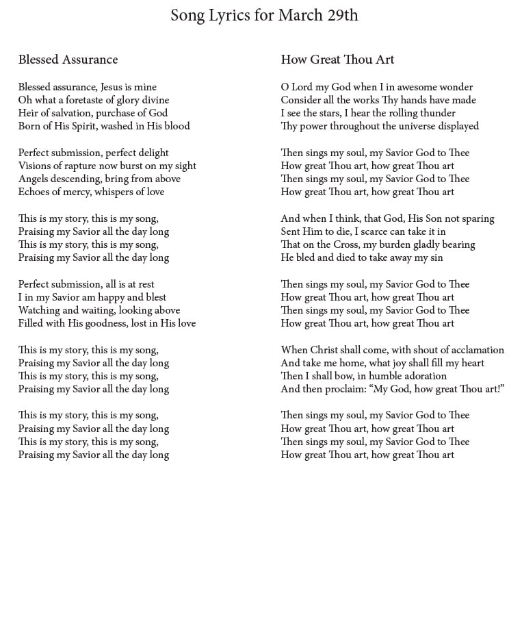 Song Lyrics for March 29th La Jolla Presbyterian Church